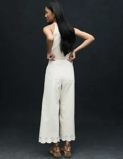 High Waisted Broderie Wide Leg Cropped Jeans