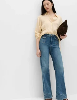 High Waisted Patch Pocket Flared Jeans