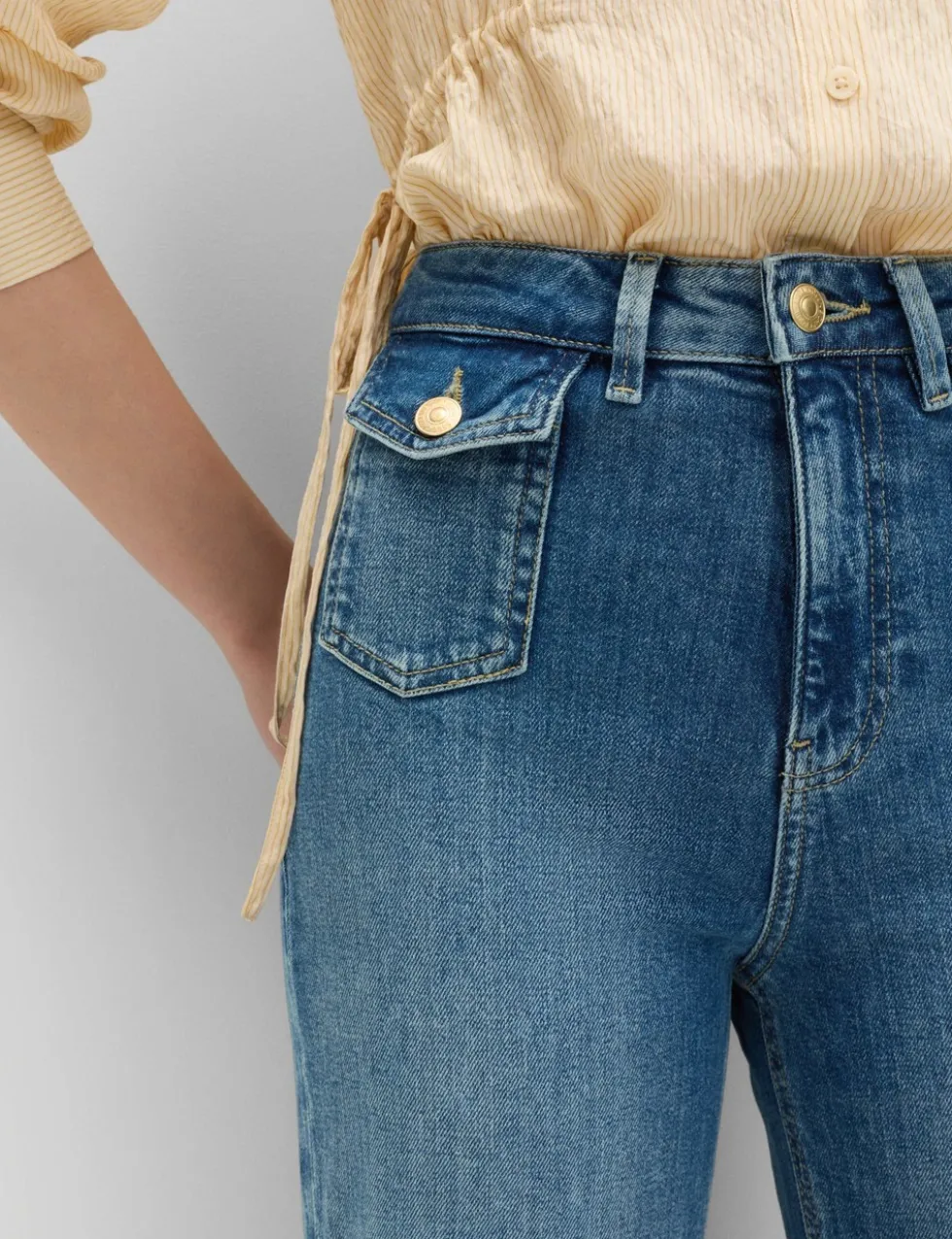High Waisted Patch Pocket Flared Jeans