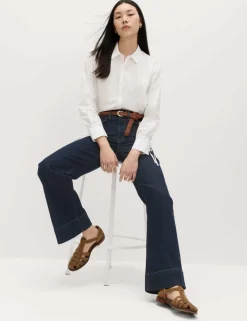 High Waisted Patch Pocket Flared Jeans