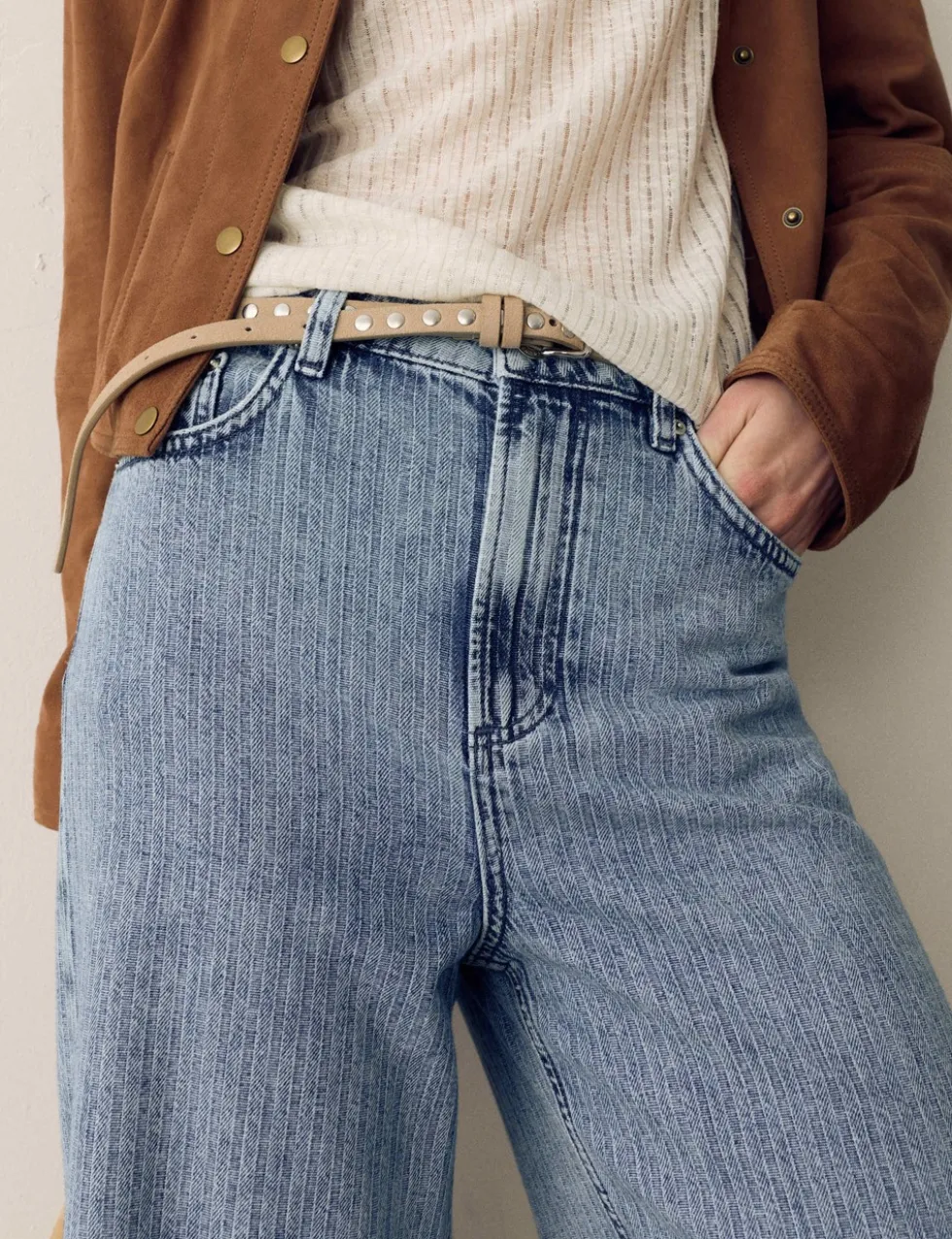 High Waisted Striped Wide Leg Turn Up Jeans