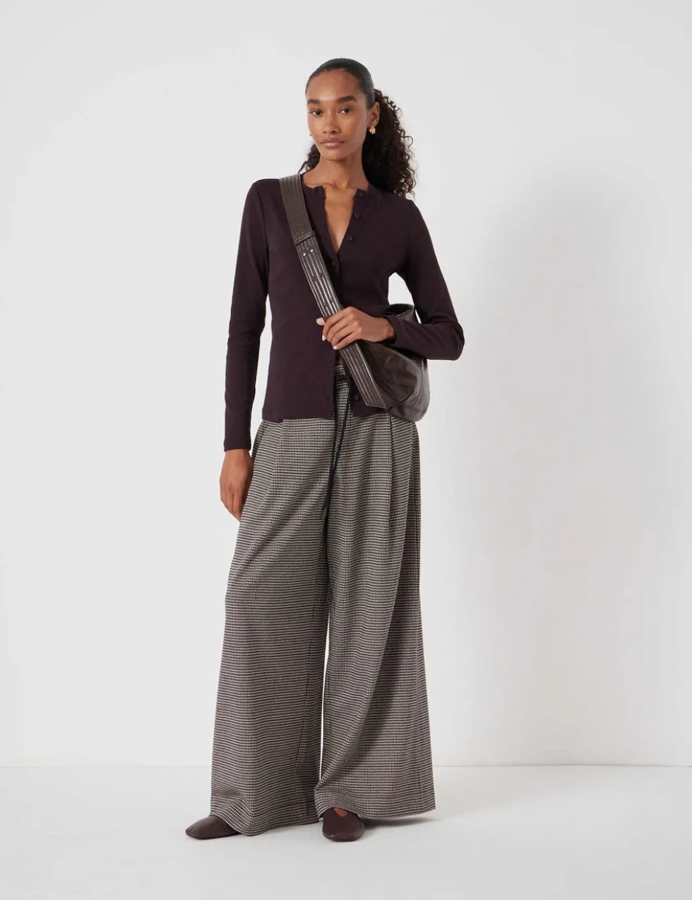 Jersey Checked Drawstring Wide Leg Trousers