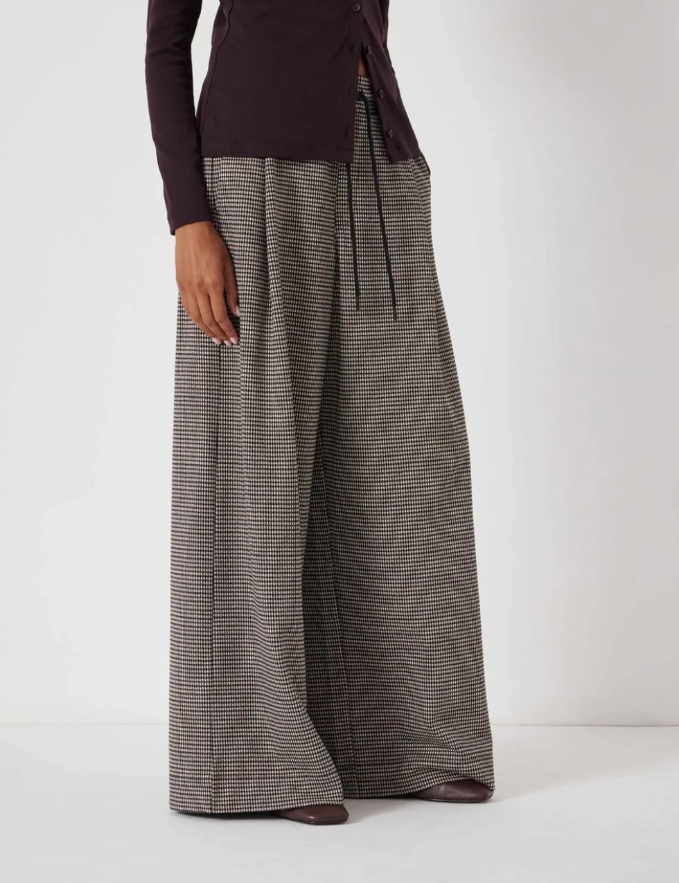 Jersey Checked Drawstring Wide Leg Trousers