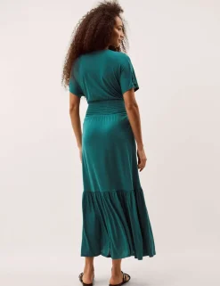 Jersey Embroidered V-Neck Midi Waisted Dress