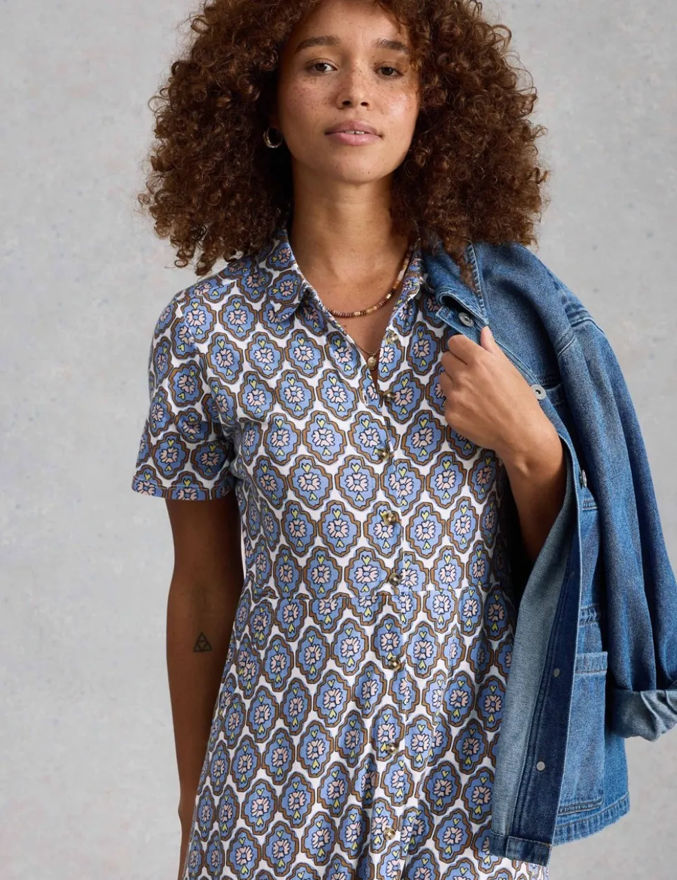 Jersey Floral Collared Midi Shirt Dress