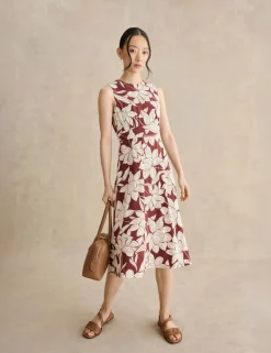 Jersey Floral Knee Length Waisted Dress