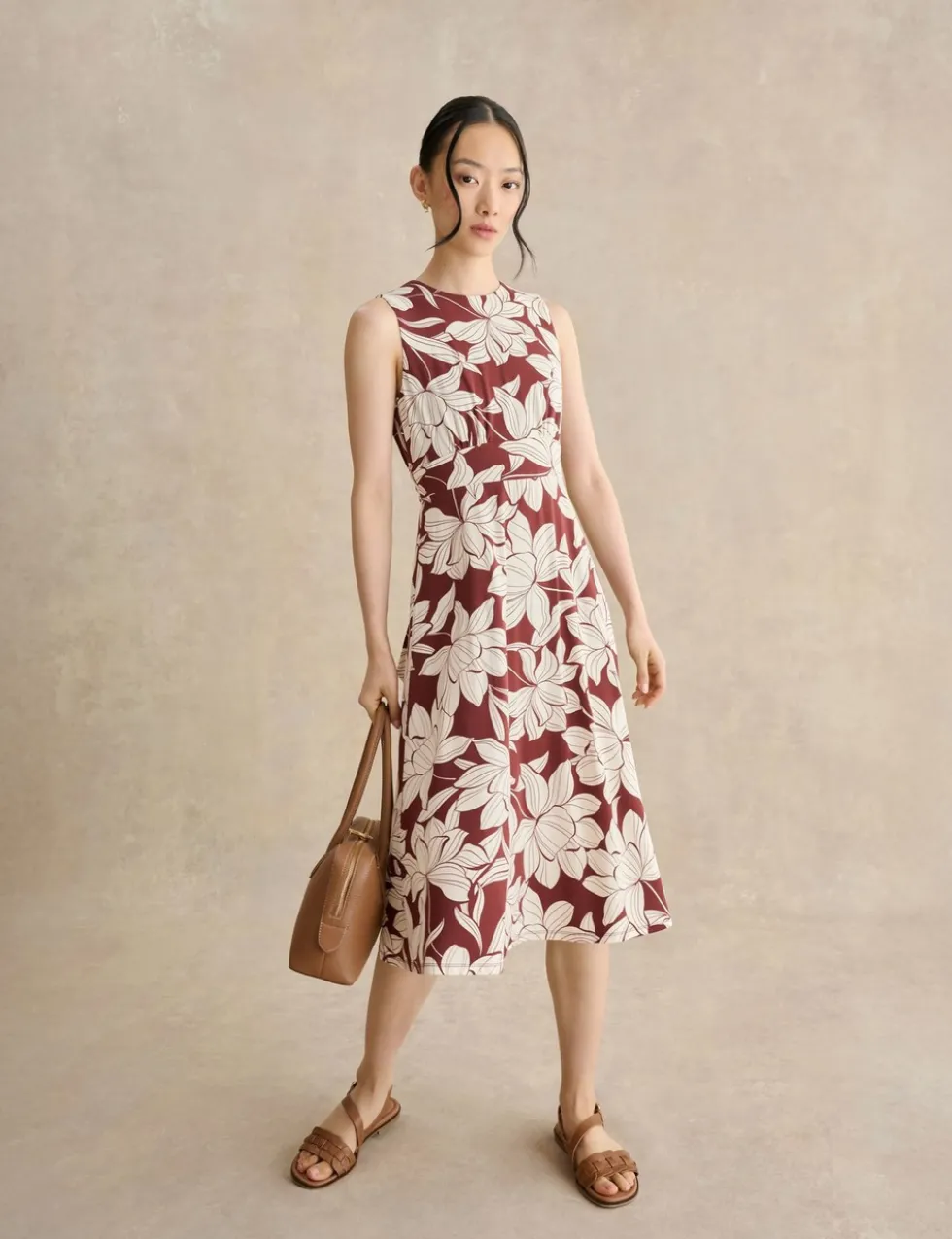 Jersey Floral Knee Length Waisted Dress