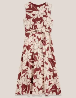 Jersey Floral Knee Length Waisted Dress