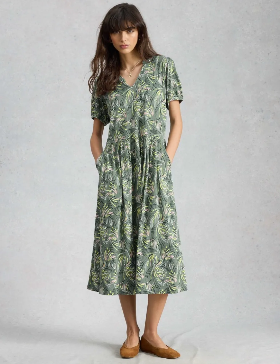 Jersey Floral Midi Waisted Dress