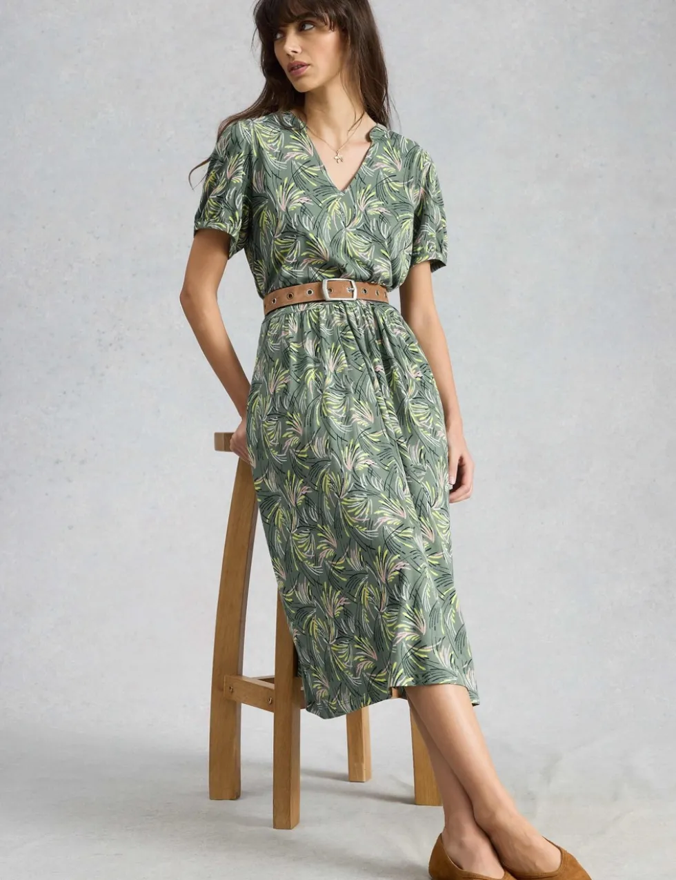 Jersey Floral Midi Waisted Dress