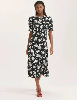 Jersey Floral Midi Waisted Dress