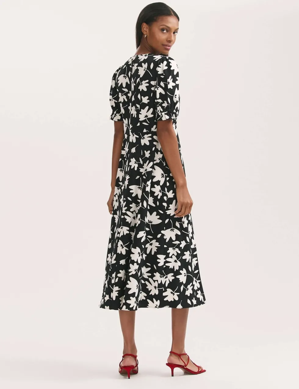 Jersey Floral Midi Waisted Dress