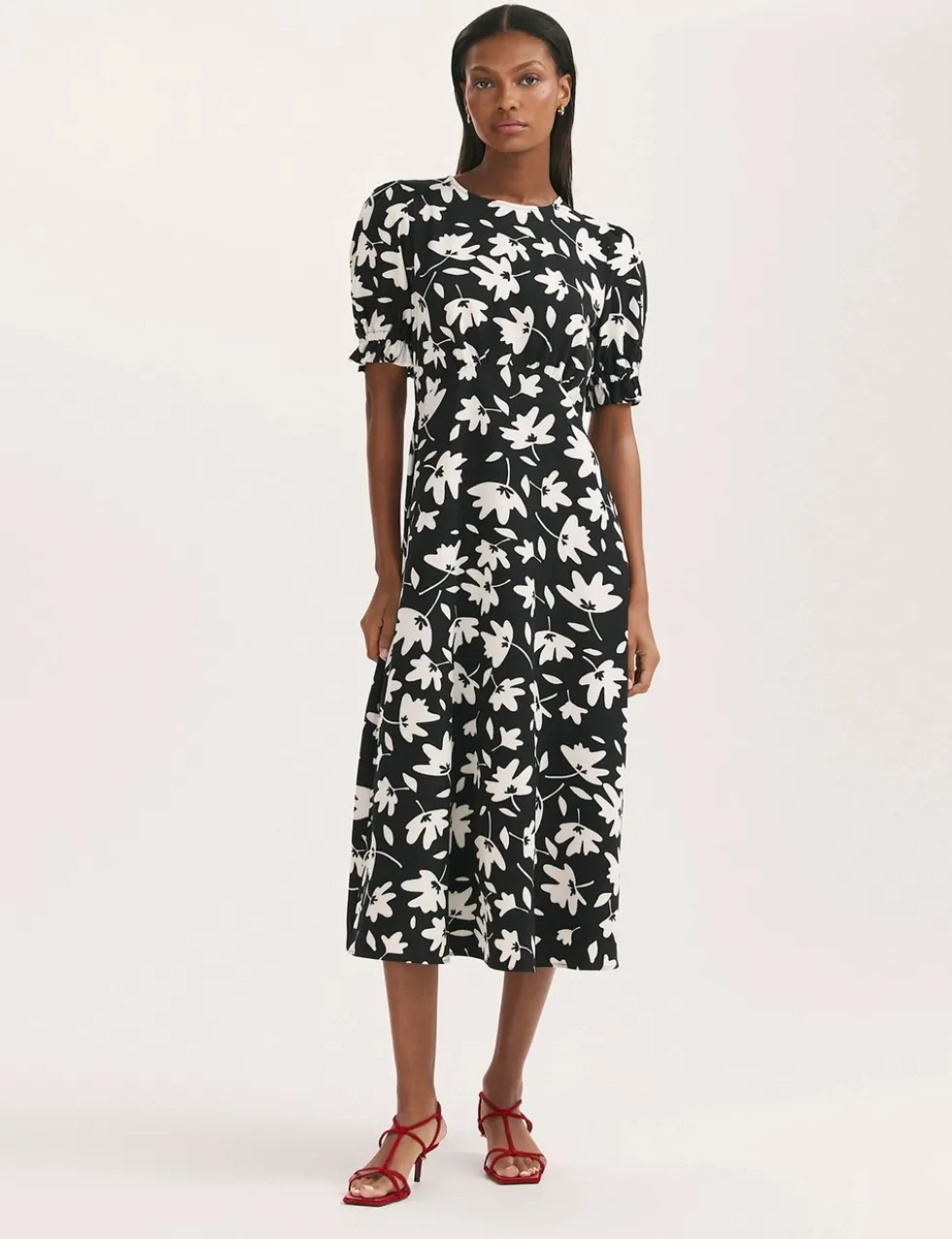 Jersey Floral Midi Waisted Dress