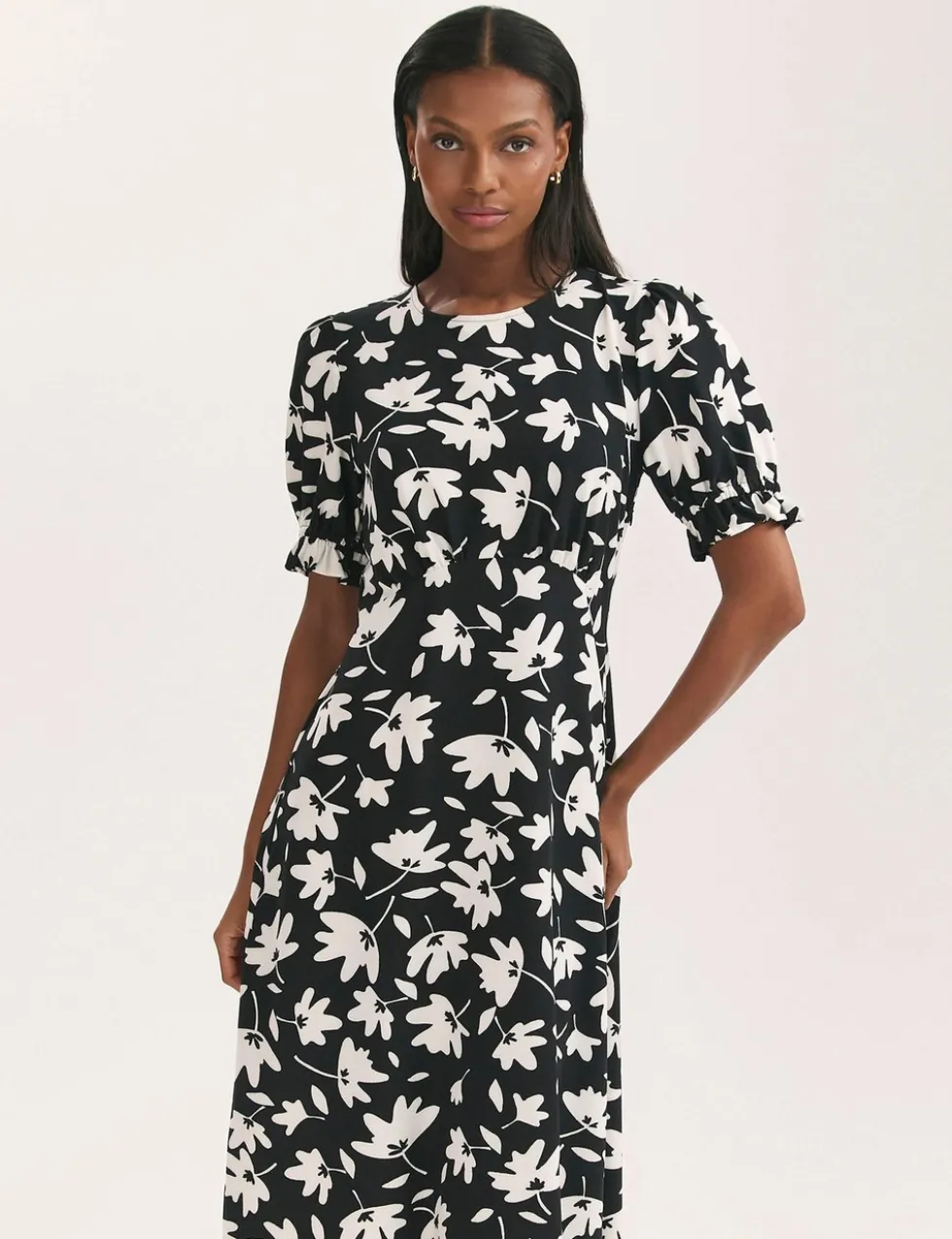 Jersey Floral Midi Waisted Dress