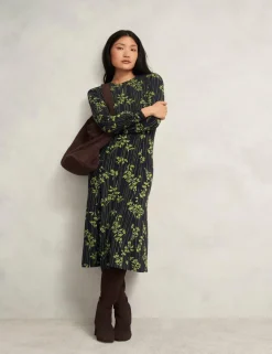 Jersey Floral Midi Waisted Dress