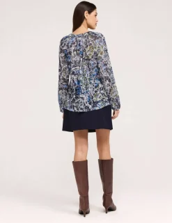 Jersey Floral Notch Neck Shirred Blouse