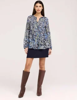 Jersey Floral Notch Neck Shirred Blouse