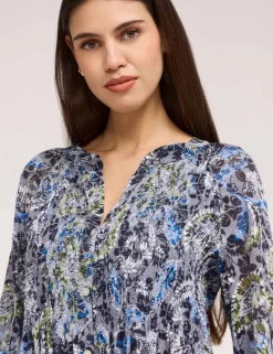 Jersey Floral Notch Neck Shirred Blouse