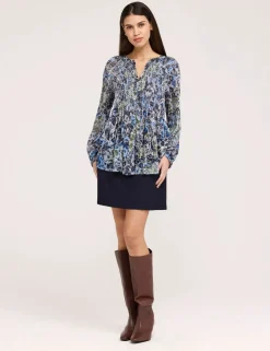 Jersey Floral Notch Neck Shirred Blouse