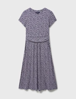 Jersey Floral Ruched Midi Skater Dress