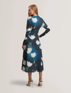 Jersey Floral Slash Neck Midi Wrap Dress