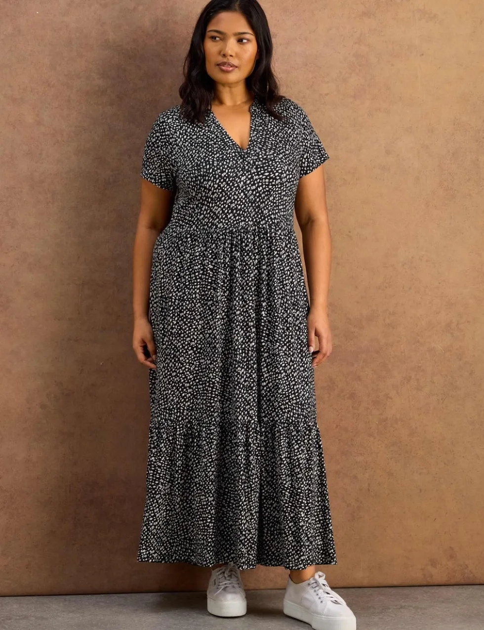 Jersey Floral V-Neck Midaxi Tiered Dress