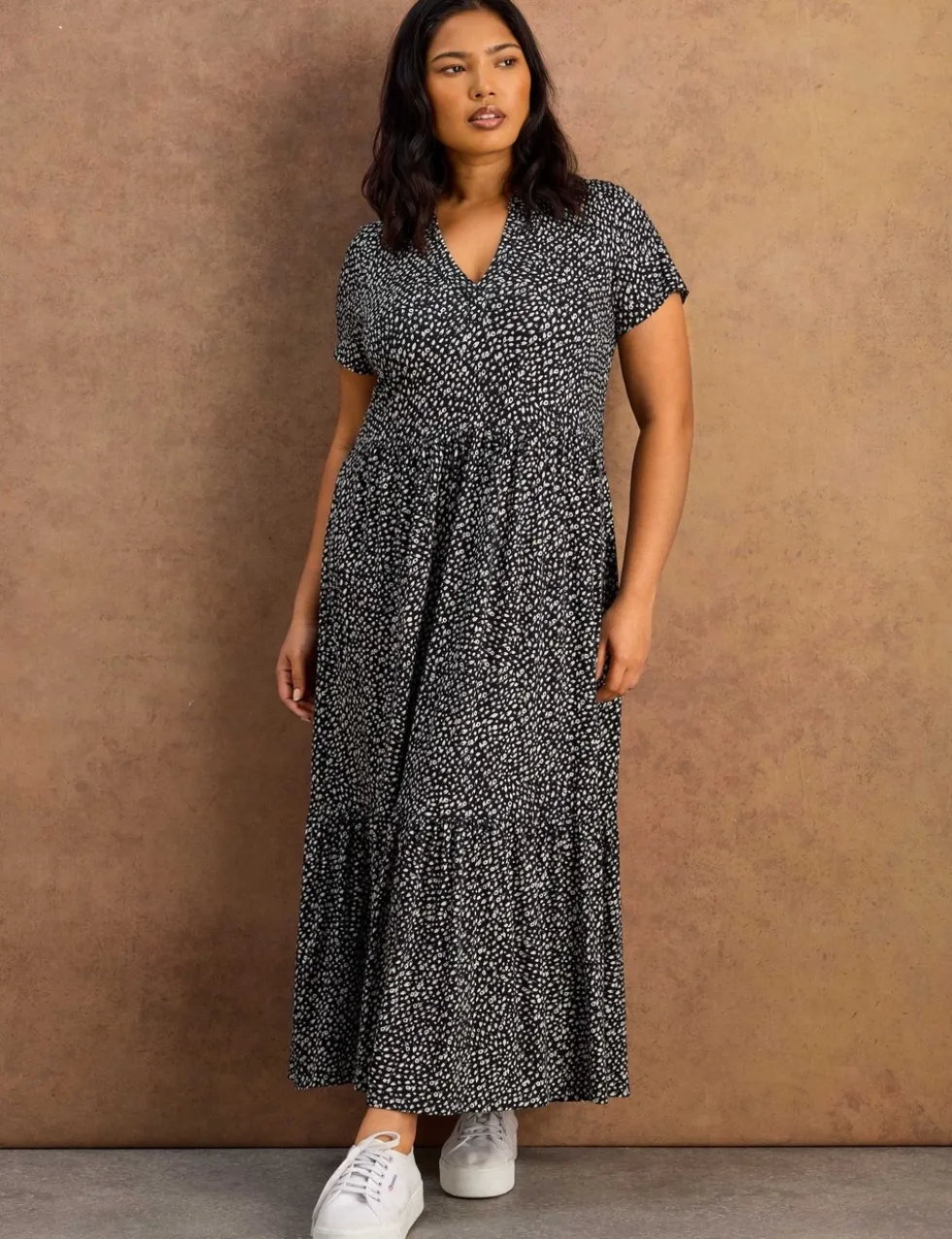 Jersey Floral V-Neck Midaxi Tiered Dress