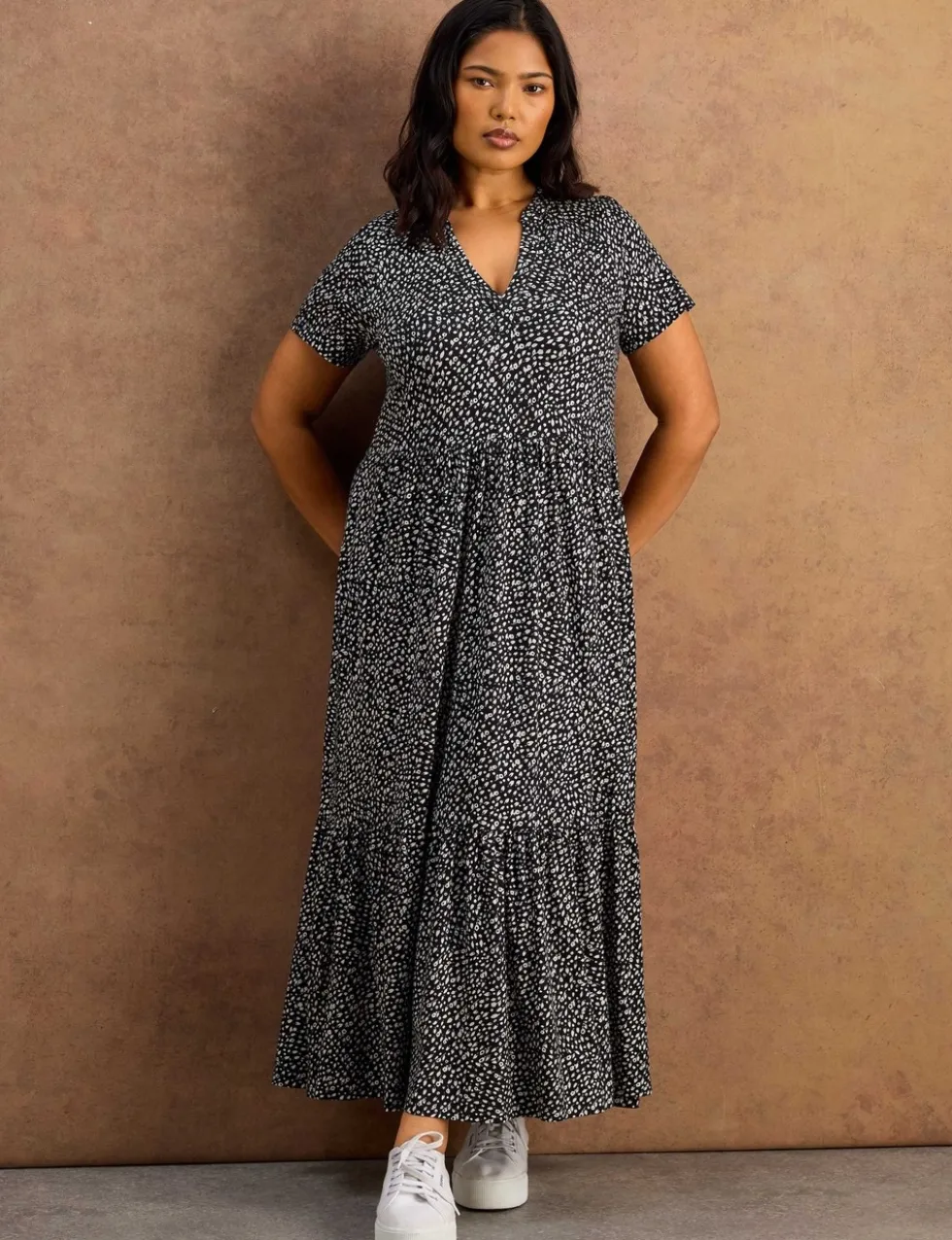 Jersey Floral V-Neck Midaxi Tiered Dress