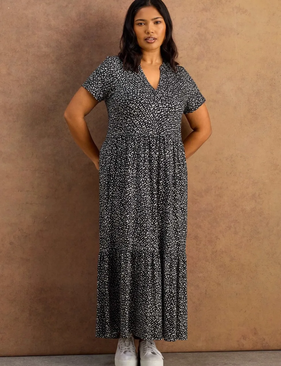 Jersey Floral V-Neck Midaxi Tiered Dress