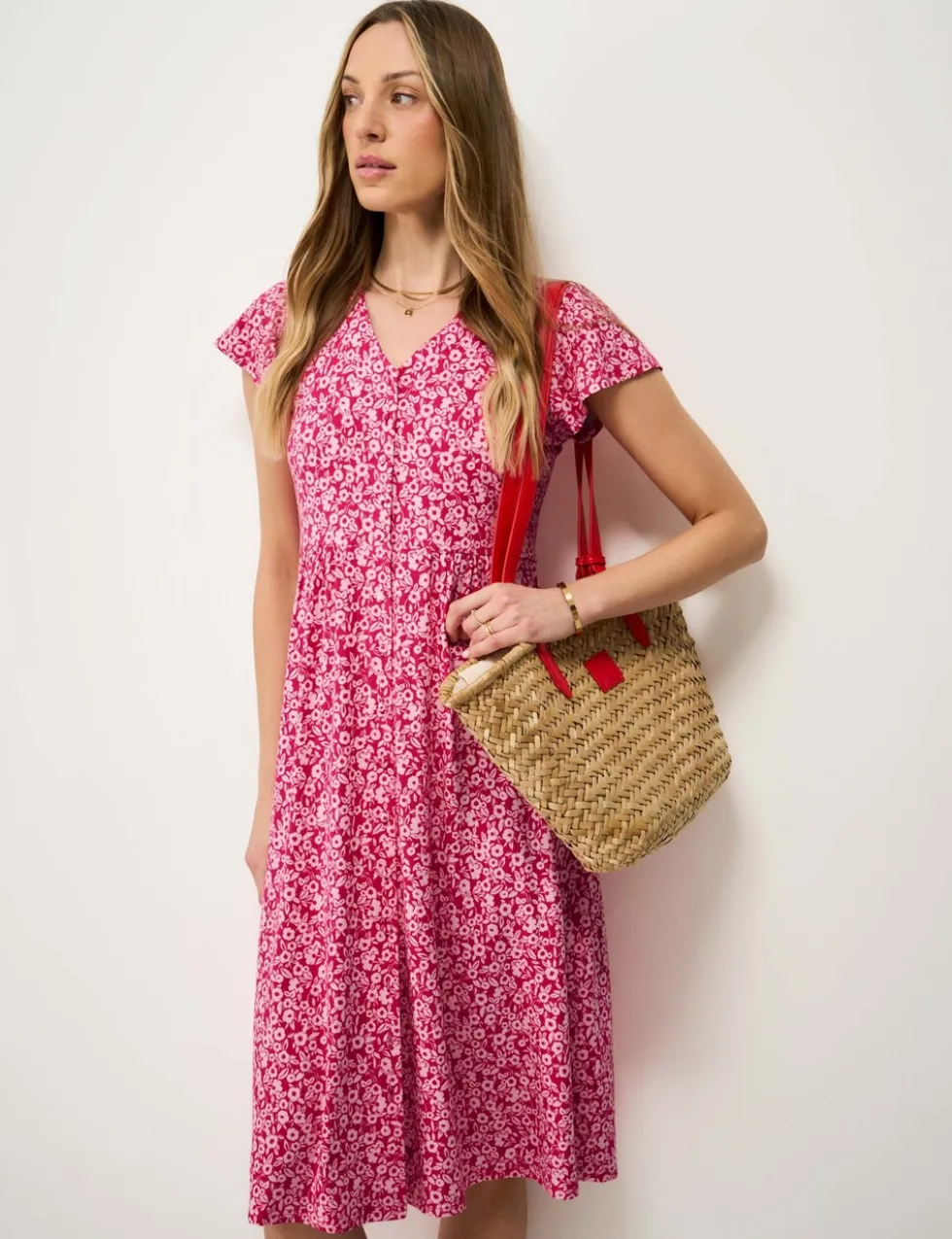 Jersey Floral V-Neck Midi Skater Dress