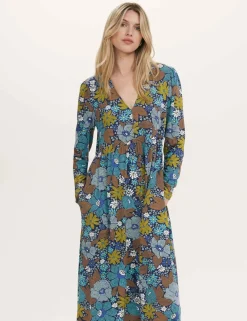 Jersey Floral V-Neck Midi Skater Dress