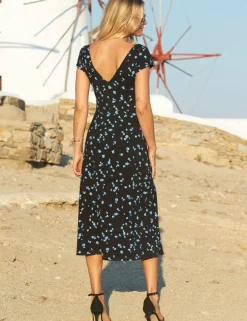 Jersey Floral V-Neck Midi Waisted Dress