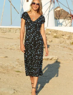 Jersey Floral V-Neck Midi Waisted Dress