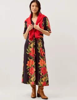 Jersey Floral V-Neck Midi Waisted Dress