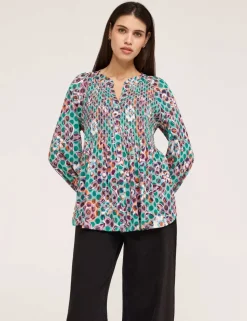 Jersey Floral V-Neck Shirred Blouse