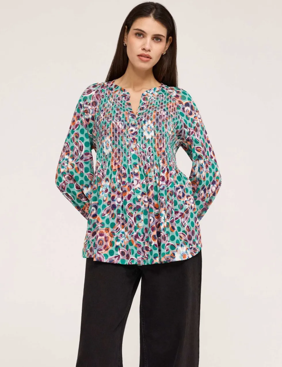 Jersey Floral V-Neck Shirred Blouse