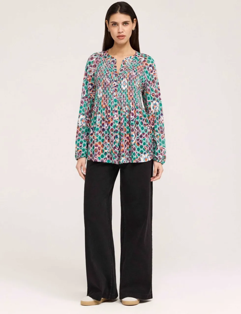 Jersey Floral V-Neck Shirred Blouse