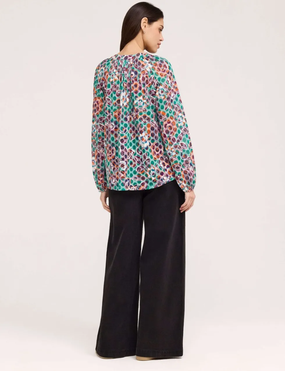 Jersey Floral V-Neck Shirred Blouse