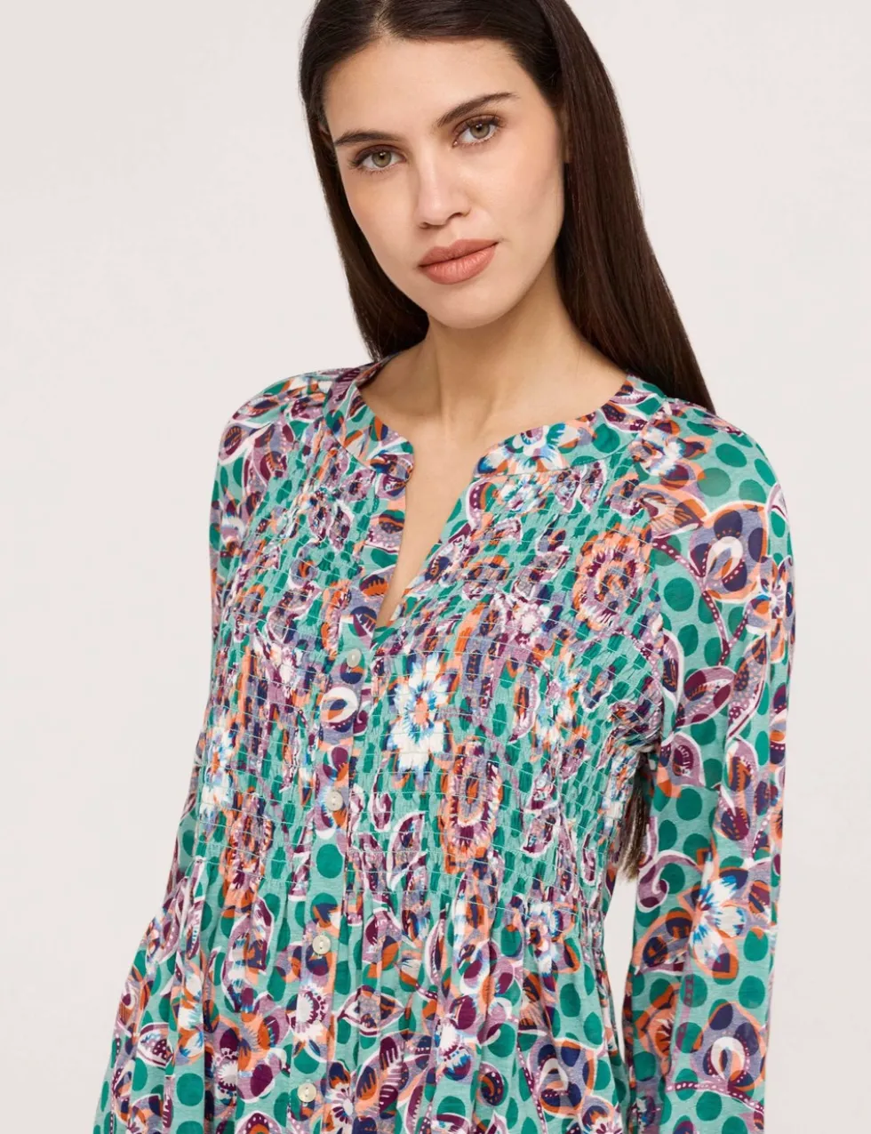 Jersey Floral V-Neck Shirred Blouse