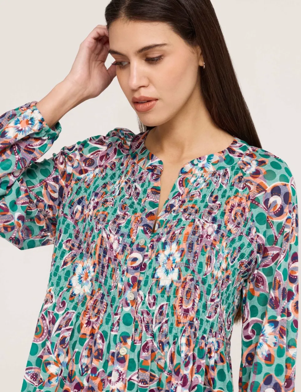 Jersey Floral V-Neck Shirred Blouse