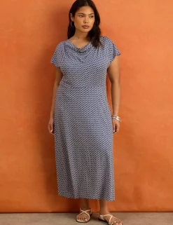 Jersey Geometric Cowl Neck Maxi Skater Dress