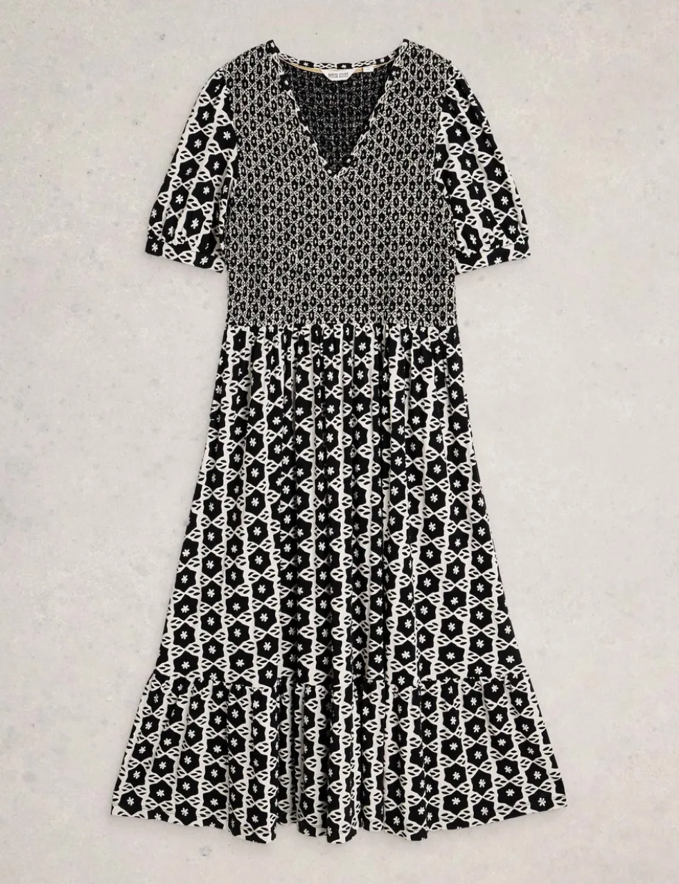 Jersey Geometric Midi Shirred Dress