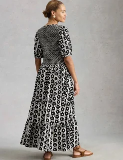 Jersey Geometric Midi Shirred Dress