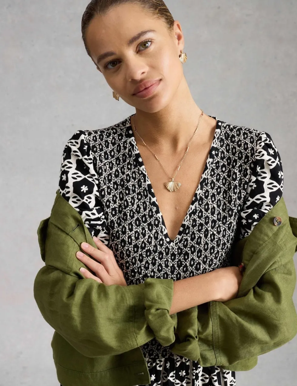 Jersey Geometric Midi Shirred Dress