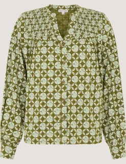 Jersey Geometric V-Neck Button Through Blouse