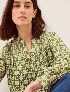 Jersey Geometric V-Neck Button Through Blouse