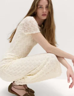Jersey Lace Round Neck Midi Column Dress