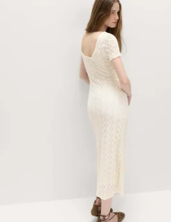 Jersey Lace Round Neck Midi Column Dress