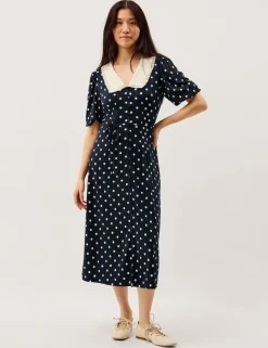 Jersey Polka Dot Collared Midi Shirt Dress