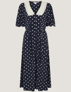 Jersey Polka Dot Collared Midi Shirt Dress
